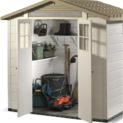 New HABRITA Abri de jardin en résine beige Foresta Evo - 181 x 220 x 216 cm