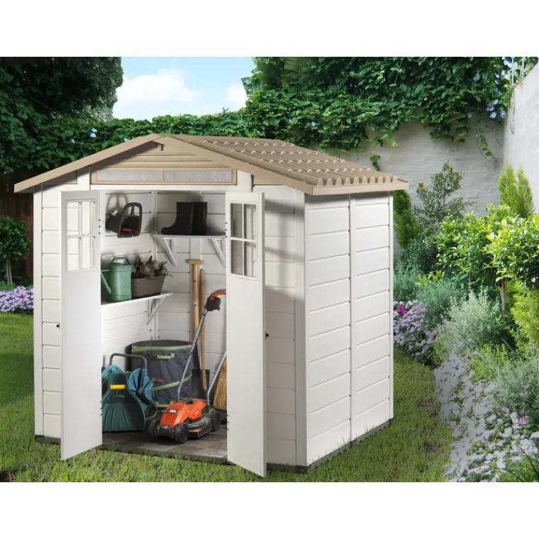 New HABRITA Abri de jardin en résine beige Foresta Evo - 181 x 220 x 216 cm