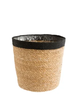 Discount DECOSTYL Cache-pot vannerie naturelle avec rebord noir coloris beige - 18 x 16 x 13,5 cm
