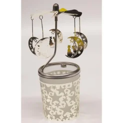 Best 090TR23-G04 Carrousel photophore en métal argenté avec chats sur lune - H 12 cm