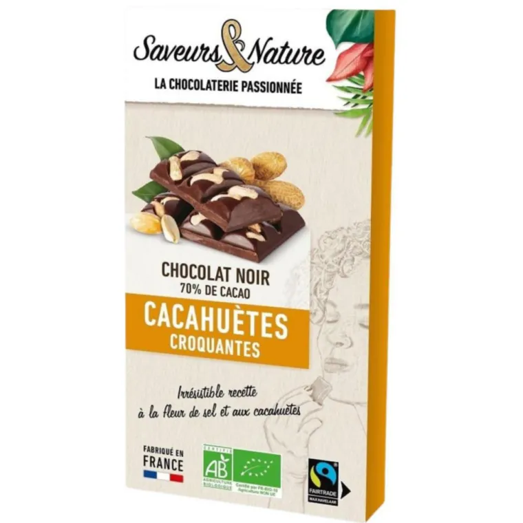Hot SAVEURS & NATURE Chocolat noir 70% bio fleur sel Guérande & cacahuète bio Saveurs et Nature - 100 g