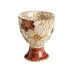 BASTIDE Coffret 4 coquetiers en grès beige à fleur pourpre Kiyo - Ø 6 x H 5 cm