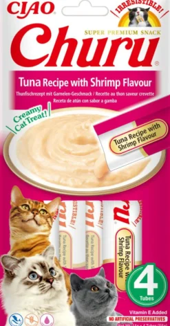 Hot CHURU Friandise en crème pour chat thon avec saveur crevette Inaba Ciao - 4 x 14 g