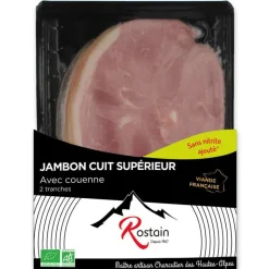 Hot ROSTAIN Jambon cuit supérieur bio avec couenne en barquette de 90 g