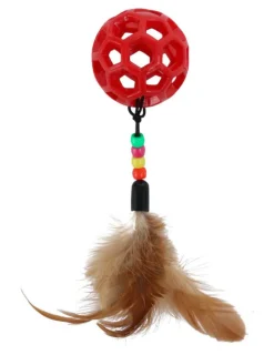 New WOUAPY Jouet pour chat balle et queue avec perles et plumes coloris rouge - Ø 4,8 cm