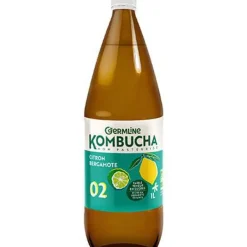 Clearance GERMLINE Kombucha non pasteurisé citron bergamote bio en bouteille de verre - 1 litre