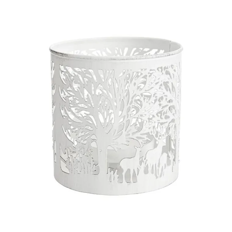 Outlet Lanterne à décor forêt en métal blanc ajouré - Ø 17,5 x H 21,5 cm