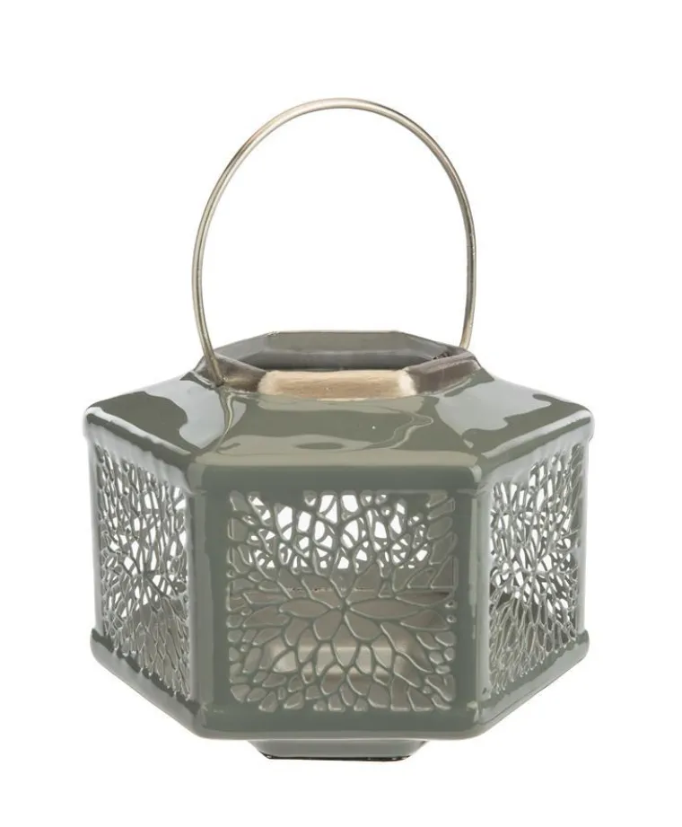 Sale Lanterne hexagonale coloris gris en métal - 18 x 18 x 16 cm