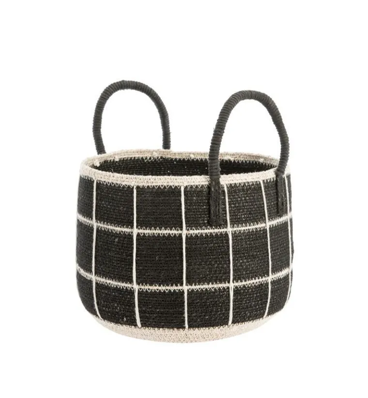 Sale Panière de rangement ronde à carreaux coloris multicolore en osier - 26 x 26 x 30 cm