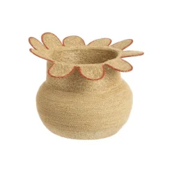 New Panière ronde en osier naturel avec décor fleur bordé de rouge - Ø 32 x H 25 cm