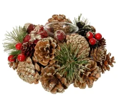 Online KAEMINGK Photophore pomme de pin, baies rouges et mousse avec paillettes - Ø 18 x H 8,5 cm