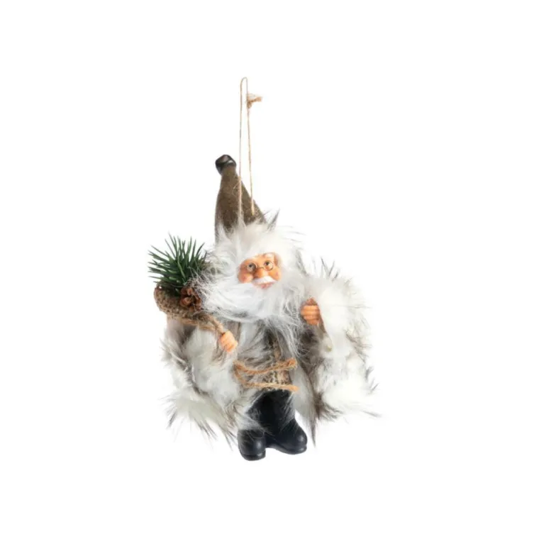 Père Noël trappeur à suspendre beige, marron et vert - 13 cm