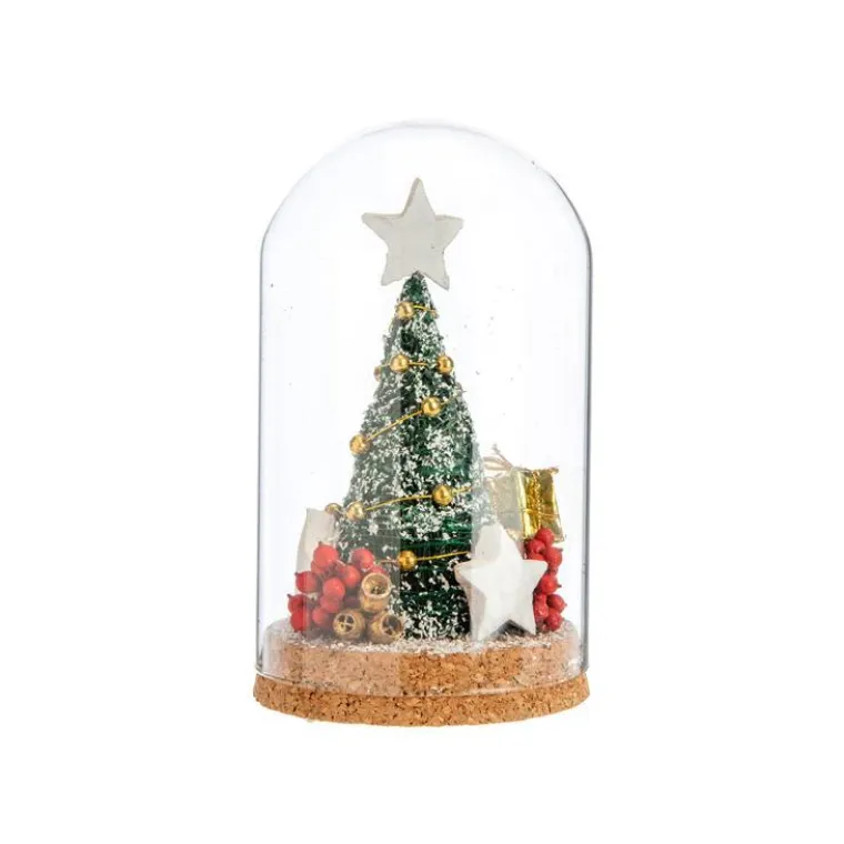 Best Sapin de Noël décoré vert, or, rouge sous cloche à poser - 25 cm