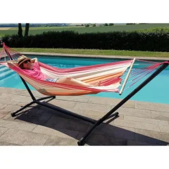 Outlet JOBEK Set support et hamac Metalik coloris rouge orange écru en métal et polypropylène Hamacs - 300 x 100 x 95 cm