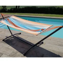 Outlet JOBEK Set support et hamac MetaliK coloris orange bleu en métal et polypropylène Hamacs - 300 x 100 x 95 cm