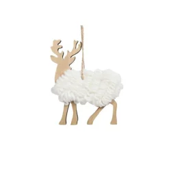 New Suspension renne laine coloris blanc en bois - 10 x 2,5 x 10 cm