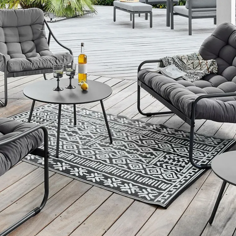 Sale Tapis d'extérieur en polypropylène recyclé noir et crème Ethnique - 300 x 240 cm