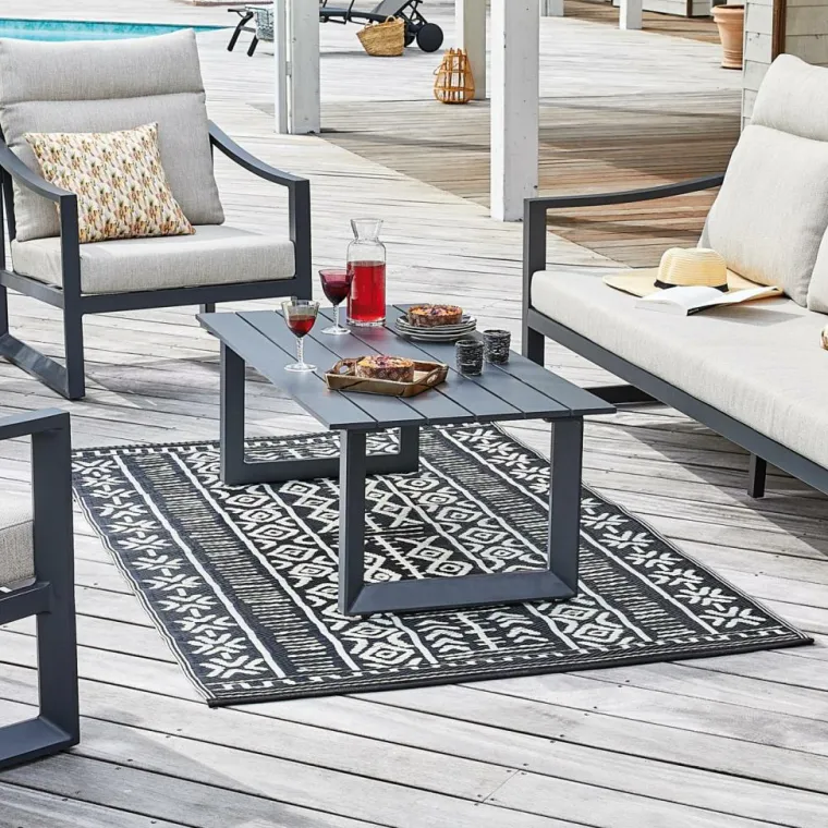 Sale Tapis d'extérieur en polypropylène recyclé noir et crème Ethnique - 300 x 240 cm