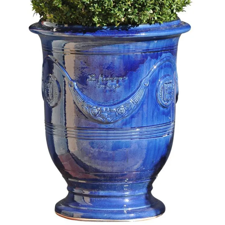 Discount POTERIE DE LA MADELEINE Vase Anduze tradition bleu en terre cuite émaillée H 80 x Ø 66 cm