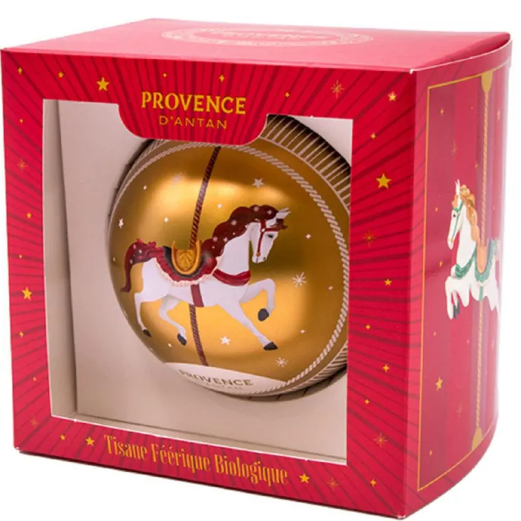 New PROVENCE D'ANTAN Coffret 1 boule de Noël or motif cheval garnie de 8 sachets de tisane bio Provence d’antan - 14,4 g