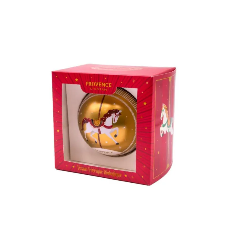 New PROVENCE D'ANTAN Coffret 1 boule de Noël or motif cheval garnie de 8 sachets de tisane bio Provence d’antan - 14,4 g
